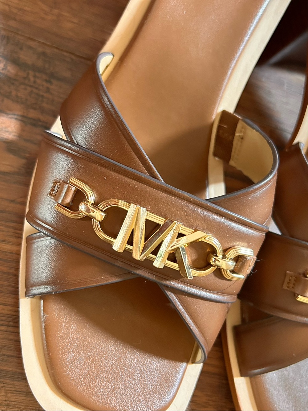 MICHAEL Michael Kors Brown Leather Logo Chain Slide Mules - Picture 3 of 5